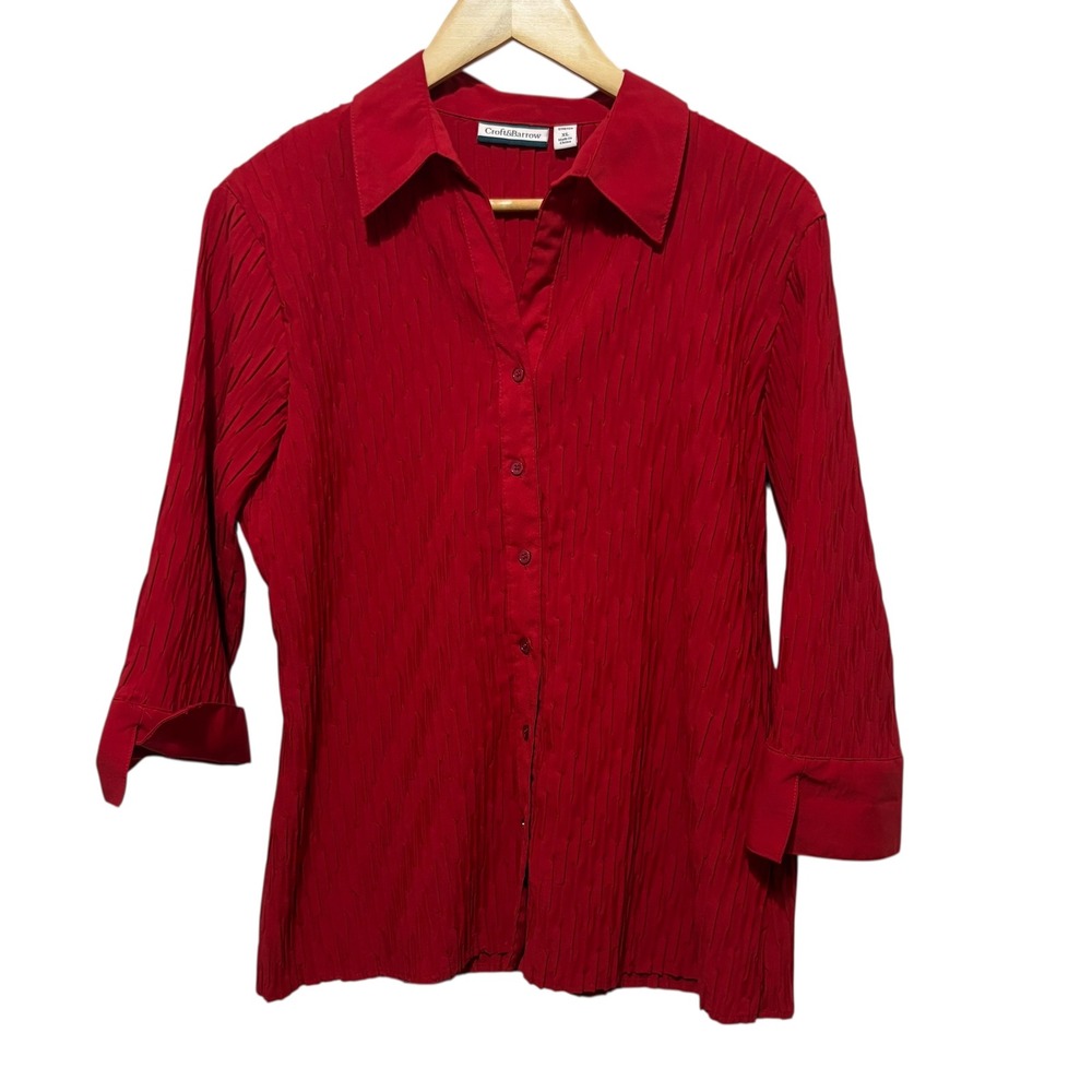 Croft & Barrow Womens XL Red Button Down Stretch Textured Blouse Top Timeless‎